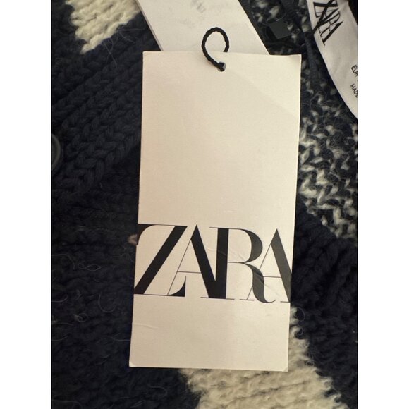 ZARA Striped Small Button-Up Cardigan Sweater Navy Blue & Cream Cotton Blend NWT - Picture 12 of 13